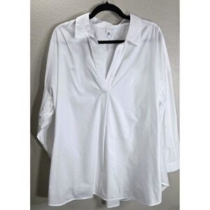 J.Jill White Cotton Modal Tunic Blouse XL Long Sleeve Collared V Neck Top